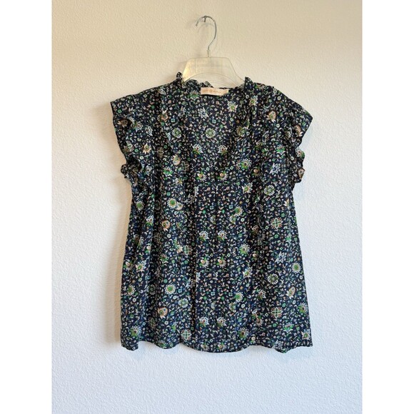 Tory Burch Women's Blue Green Floral Flutter Sleeve Blouse Pleated V Neck Small - Picture 1 of 10